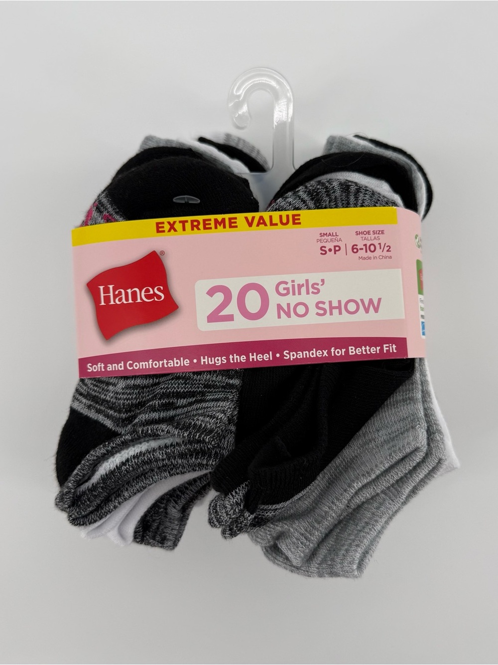 20 Pack Hanes Girls' No-Show Sock Pack Black, Gray, White Size S (6-10 1/2)